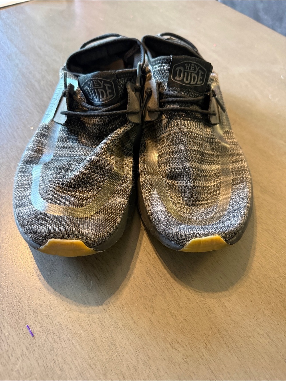 Hey Dude Men’s Grey Knit Slip-On Sneakers with Yellow Accents